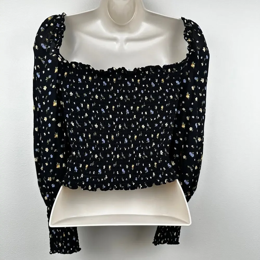 Reformation Blouse Top Pinto Smocked Puff Sleeve Jolene Ditsy Floral Black Small
